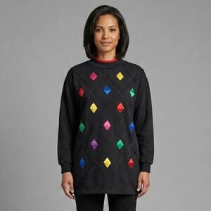 VTG CHANCE ENCOUNTERS Black Pull Over Sweater Bright Multicolor Diamonds Medium